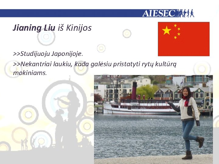 Jianing Liu iš Kinijos >>Studijuoju Japonijoje. >>Nekantriai laukiu, kada galėsiu pristatyti rytų kultūrą mokiniams.