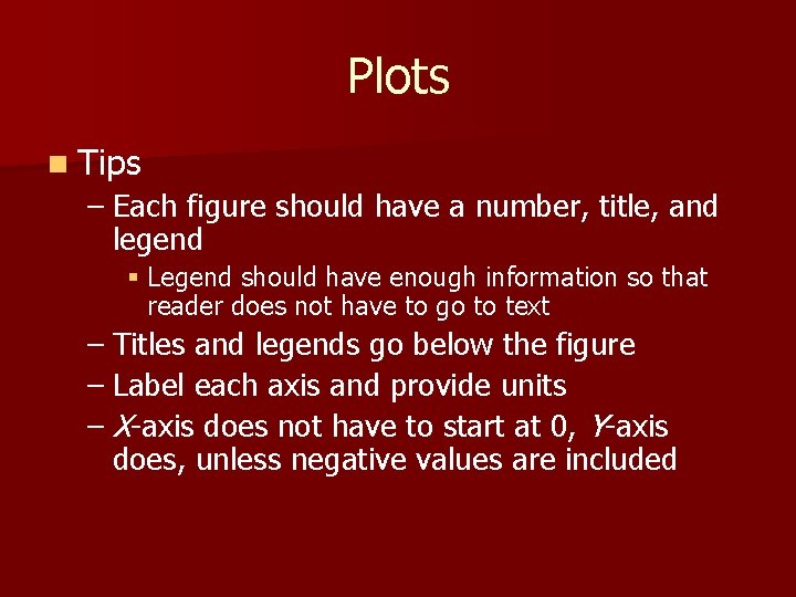 Plots n Tips – Each figure should have a number, title, and legend §