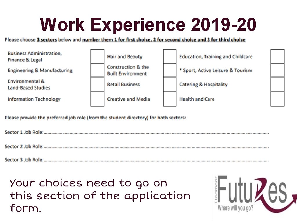 Work Experience 2019 -20 Your choices need to go on this section of the
