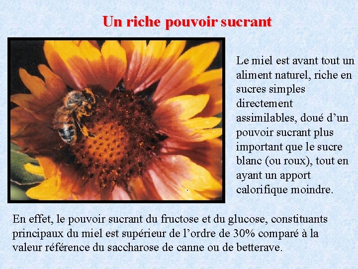 Un riche pouvoir sucrant Le miel est avant tout un aliment naturel, riche en