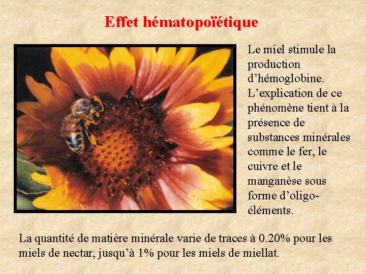 Effet hématopoïétique Le miel stimule la production d’hémoglobine. L’explication de ce phénomène tient à