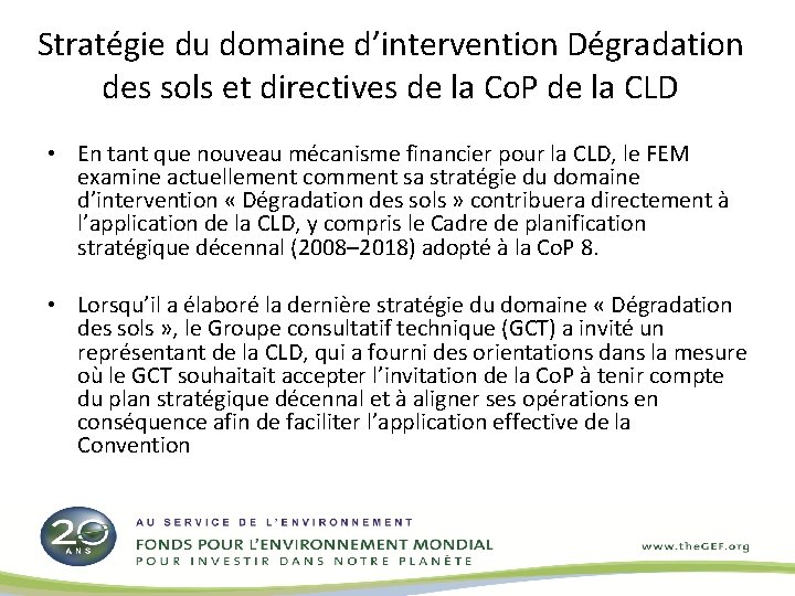 Stratégie du domaine d’intervention Dégradation des sols et directives de la Co. P de
