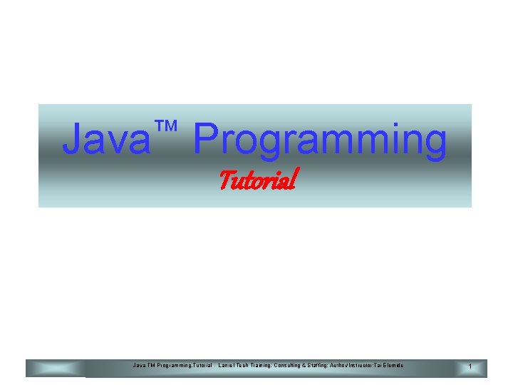 ™ Java Programming Tutorial Java TM Programming. Tutorial - Lanrel Tech Training, Consulting &