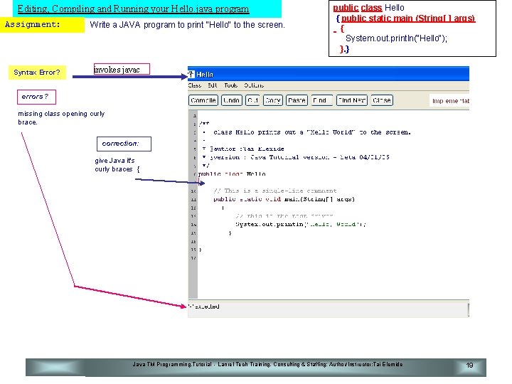 Editing, Compiling and Running your Hello. java program Assignment: Syntax Error? Write a JAVA