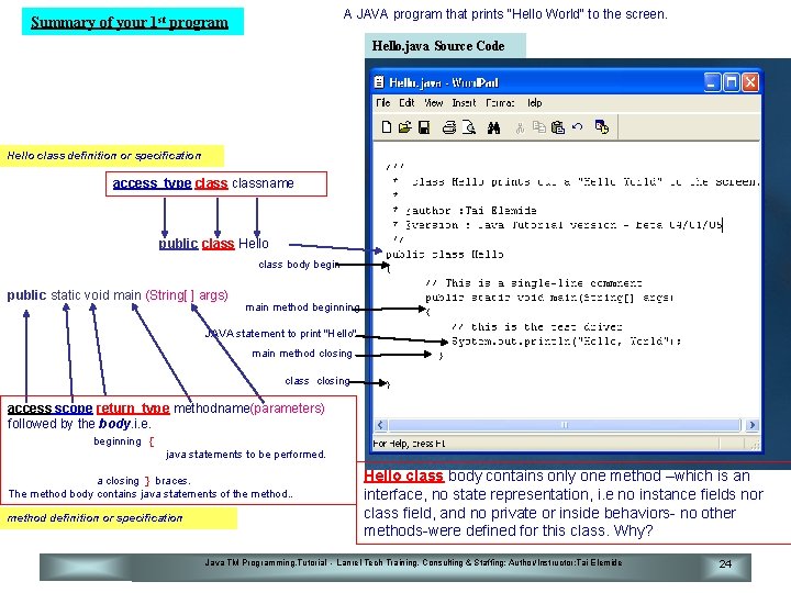 A JAVA program that prints "Hello World" to the screen. Summary of your 1