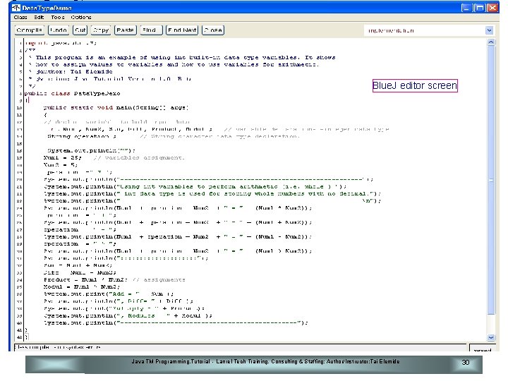 Blue. J editor screen Java TM Programming. Tutorial - Lanrel Tech Training, Consulting &