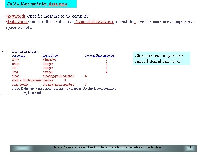 JAVA Keywords for data type • keywords -specific meaning to the complier. • Data