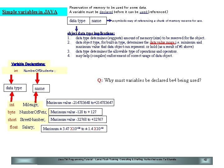 Simple variables in JAVA Reservation of memory to be used for some data. A