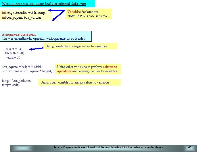 Writing expressions using built-in integral data type Variables declarations. Note: JAVA is case sensitive.