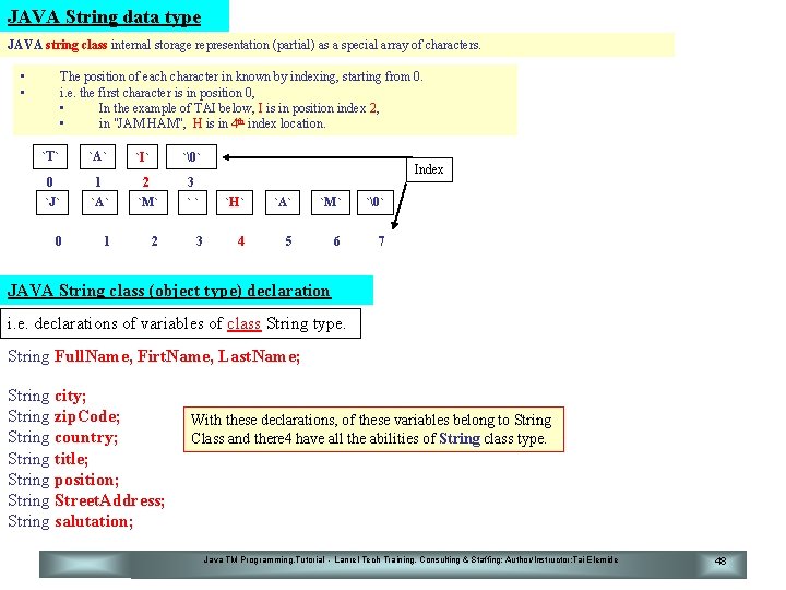 JAVA String data type JAVA string class internal storage representation (partial) as a special