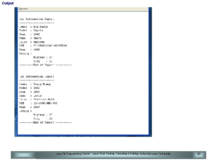 Output Java TM Programming. Tutorial - Lanrel Tech Training, Consulting & Staffing; Author/Instructor: Tai