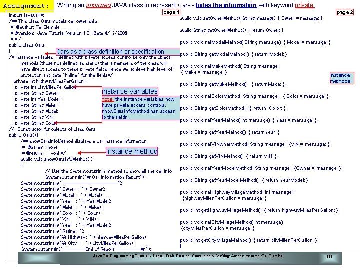 Assignment: Writing an improved JAVA class to represent Cars. - hides the information with