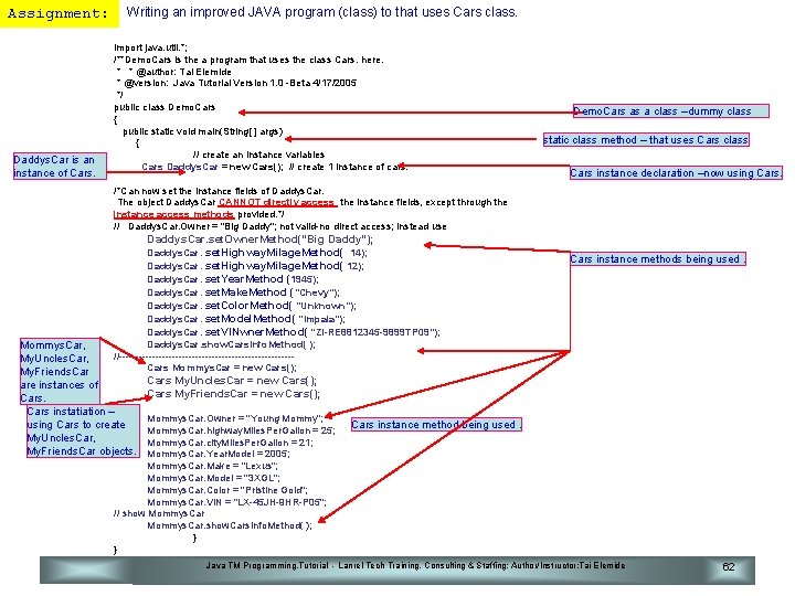 Assignment: Daddys. Car is an instance of Cars. Writing an improved JAVA program (class)