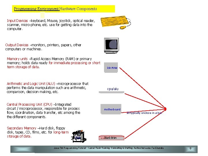 Programming Environment Hardware Components Input Devices –keyboard, Mouse, joystick, optical reader, scanner, micro-phone, etc.