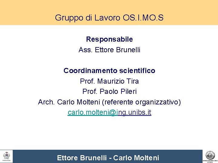 Gruppo di Lavoro OS. I. MO. S Responsabile Ass. Ettore Brunelli Coordinamento scientifico Prof.