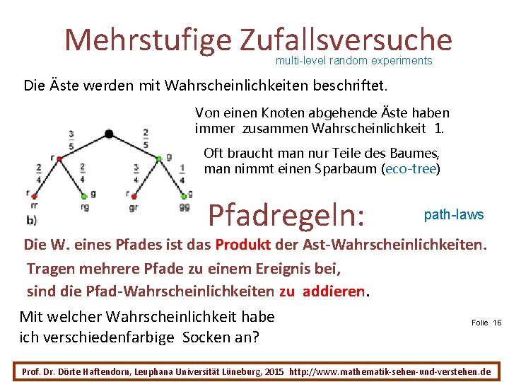 Mehrstufige Zufallsversuche multi-level random experiments Die Äste werden mit Wahrscheinlichkeiten beschriftet. Von einen Knoten