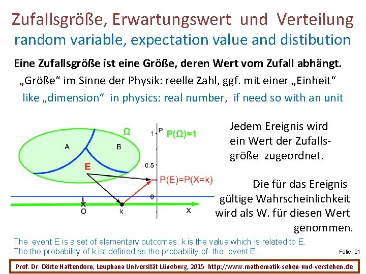 Zufallsgröße, Erwartungswert und Verteilung random variable, expectation value and distibution Eine Zufallsgröße ist eine