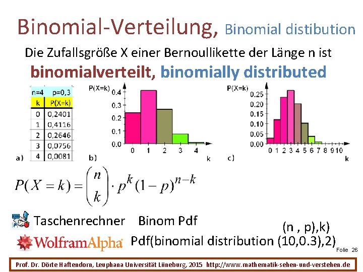 Binomial-Verteilung, Binomial distibution Die Zufallsgröße X einer Bernoullikette der Länge n ist binomialverteilt, binomially