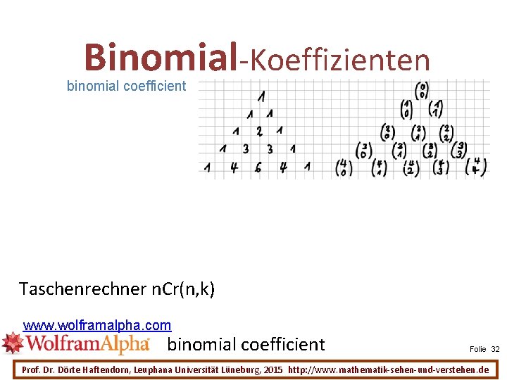 Binomial-Koeffizienten binomial coefficient Taschenrechner n. Cr(n, k) www. wolframalpha. com binomial coefficient Folie 32