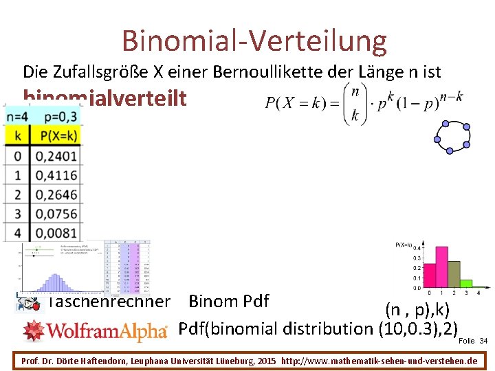 Binomial-Verteilung Die Zufallsgröße X einer Bernoullikette der Länge n ist binomialverteilt Taschenrechner Binom Pdf