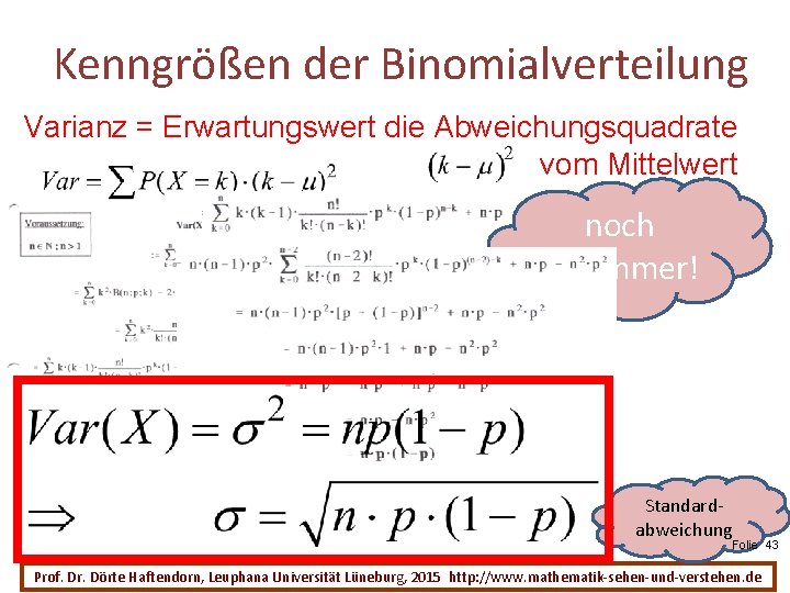 Kenngrößen der Binomialverteilung Varianz = Erwartungswert die Abweichungsquadrate vom Mittelwert noch schlimmer! Standardabweichung Folie