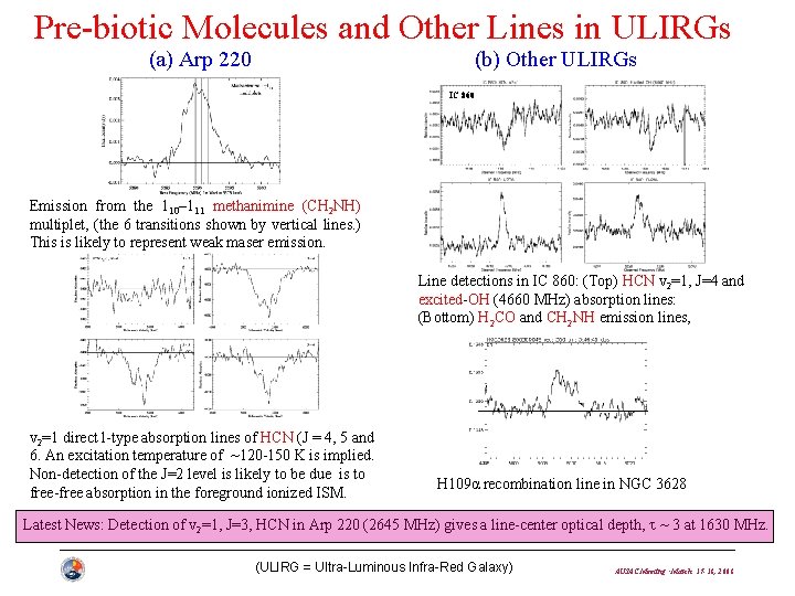 Pre-biotic Molecules and Other Lines in ULIRGs (a) Arp 220 (b) Other ULIRGs IC