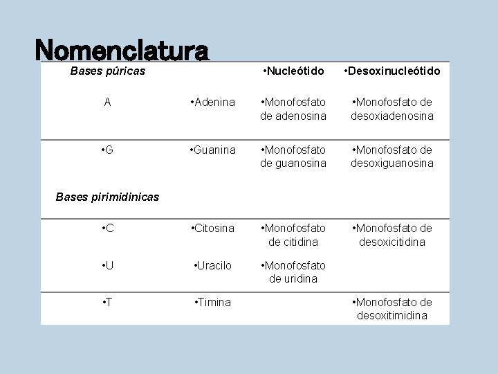 Nomenclatura Bases púricas • Nucleótido • Desoxinucleótido A • Adenina • Monofosfato de adenosina