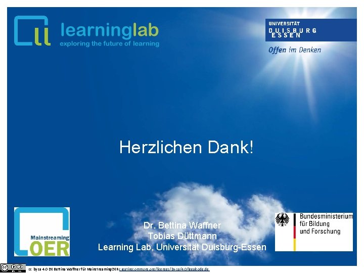Herzlichen Dank! Dr. Bettina Waffner Tobias Düttmann Learning Lab, Universität Duisburg-Essen cc by sa
