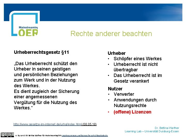 Rechte anderer beachten Urheberrechtsgesetz § 11 „Das Urheberrecht schützt den Urheber in seinen geistigen