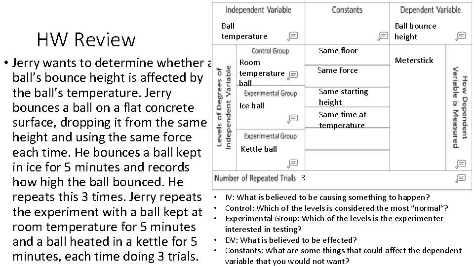 HW Review • Jerry wants to determine whether a ball’s bounce height is affected
