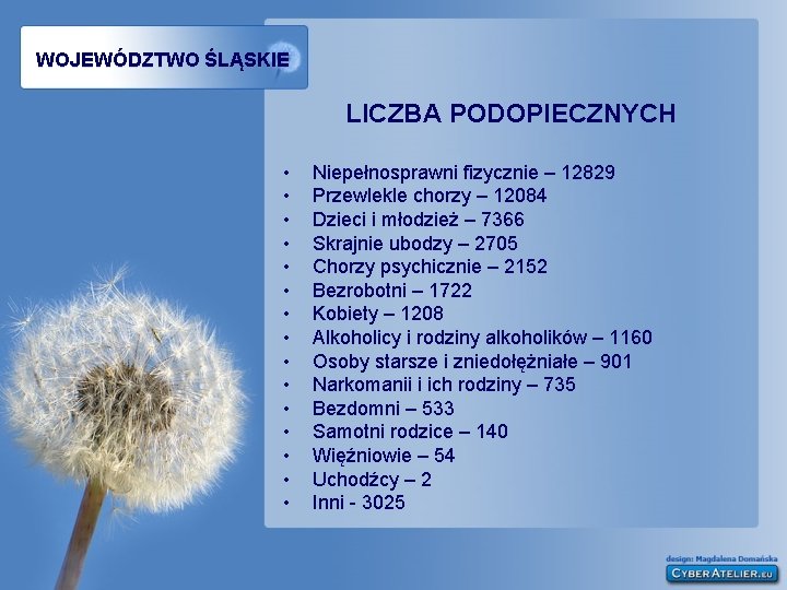 WOJEWÓDZTWO ŚLĄSKIE LICZBA PODOPIECZNYCH • • • • Niepełnosprawni fizycznie – 12829 Przewlekle chorzy