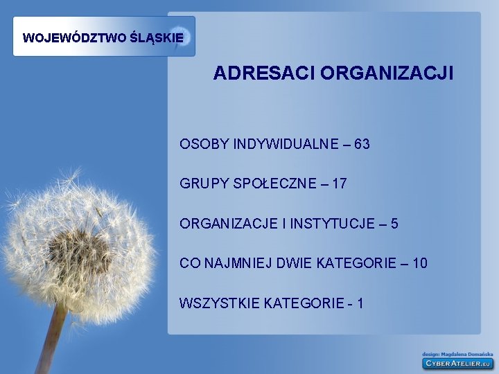 WOJEWÓDZTWO ŚLĄSKIE ADRESACI ORGANIZACJI OSOBY INDYWIDUALNE – 63 GRUPY SPOŁECZNE – 17 ORGANIZACJE I WOJEWÓDZTWO ŚLĄSKIE ADRESACI ORGANIZACJI OSOBY INDYWIDUALNE – 63 GRUPY SPOŁECZNE – 17 ORGANIZACJE I