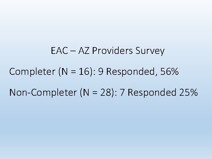 EAC – AZ Providers Survey Completer (N = 16): 9 Responded, 56% Non-Completer (N