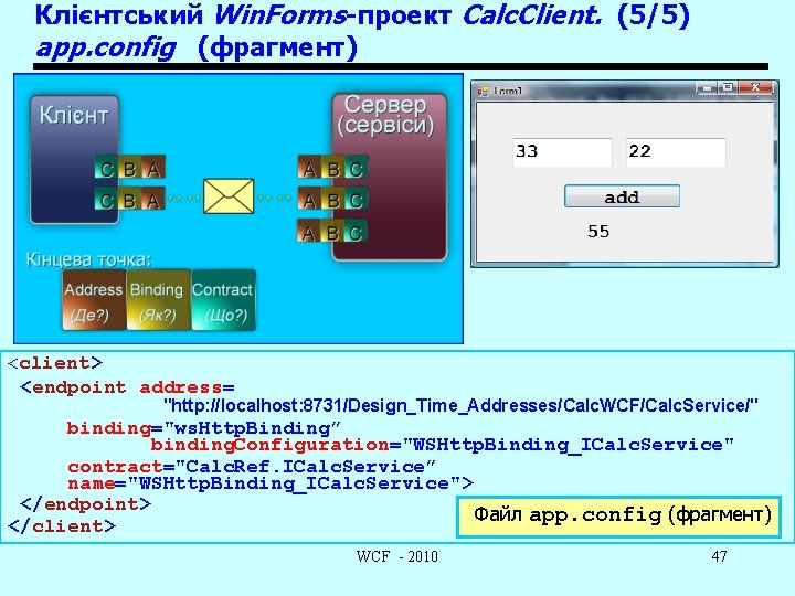 Клієнтський Win. Forms-проект Calc. Client. (5/5) app. config (фрагмент) <client> <endpoint address= "http: //localhost: