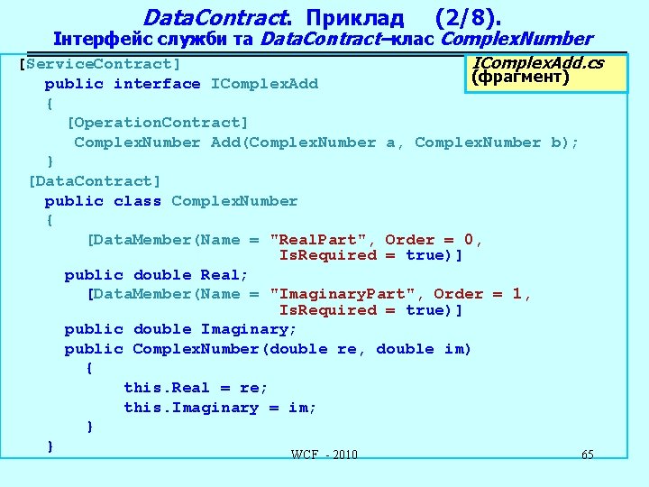 Data. Contract. Приклад (2/8). Інтерфейс служби та Data. Contract–клас Complex. Number IComplex. Add. cs