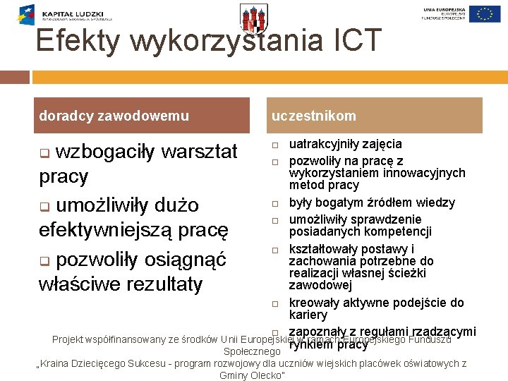 Efekty wykorzystania ICT doradcy zawodowemu uatrakcyjniły zajęcia pozwoliły na pracę z wykorzystaniem innowacyjnych metod