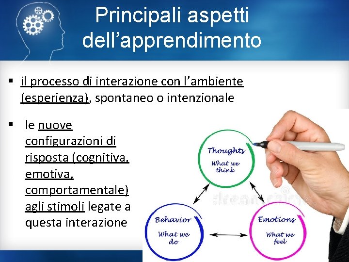 Principali aspetti dell’apprendimento § il processo di interazione con l’ambiente (esperienza), spontaneo o intenzionale