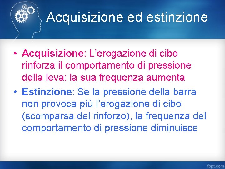 Acquisizione ed estinzione • Acquisizione: L’erogazione di cibo rinforza il comportamento di pressione della