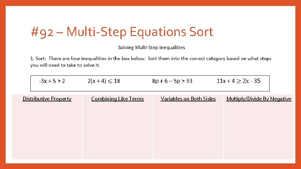 #92 – Multi-Step Equations Sort Distributive Property Combining Like Terms Variables on Both Sides