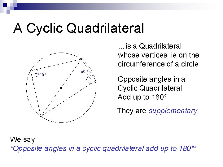 A Cyclic Quadrilateral …is a Quadrilateral whose vertices lie on the circumference of a