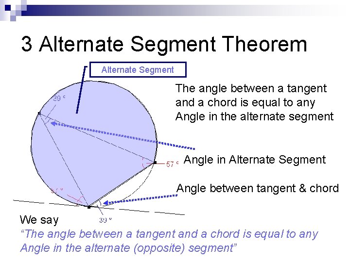 3 Alternate Segment Theorem Alternate Segment The angle between a tangent and a chord