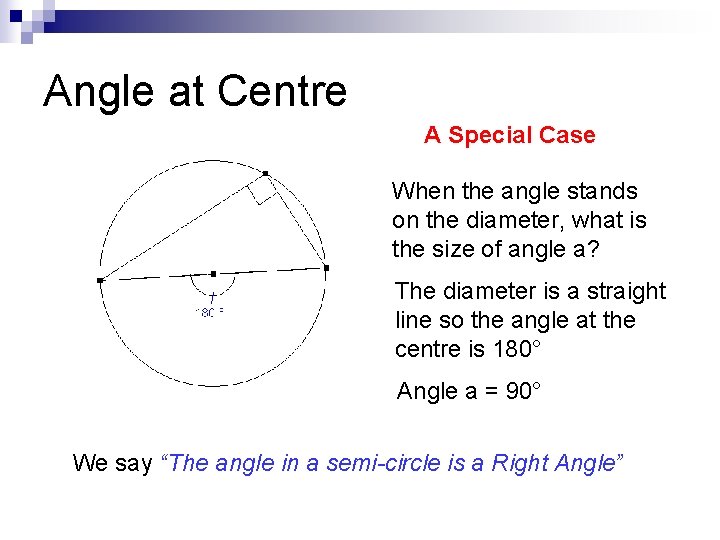 Angle at Centre A Special Case a When the angle stands on the diameter,