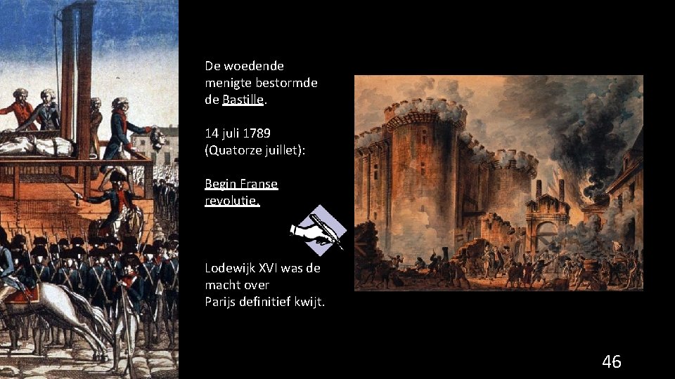 De woedende menigte bestormde de Bastille. 14 juli 1789 (Quatorze juillet): Begin Franse revolutie.