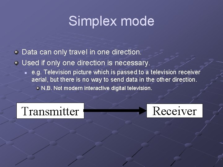 Simplex mode Data can only travel in one direction. Used if only one direction