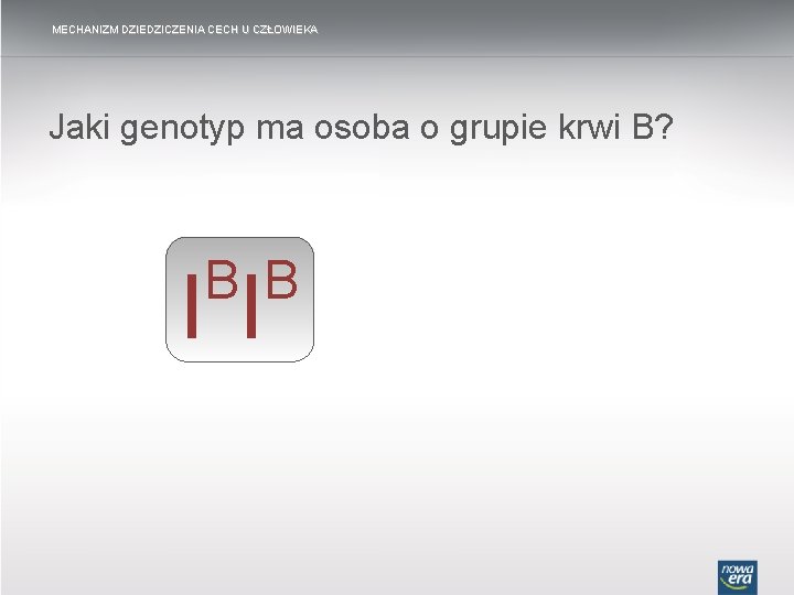 MECHANIZM DZIEDZICZENIA CECH U CZŁOWIEKA Jaki genotyp ma osoba o grupie krwi B? B