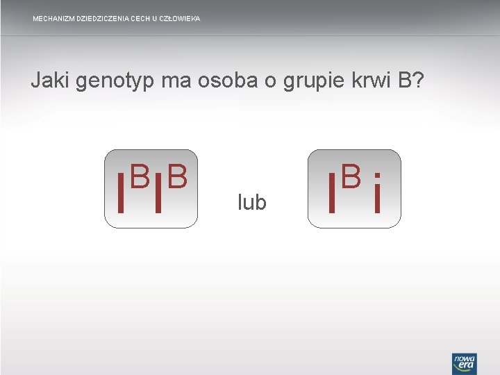 MECHANIZM DZIEDZICZENIA CECH U CZŁOWIEKA Jaki genotyp ma osoba o grupie krwi B? B