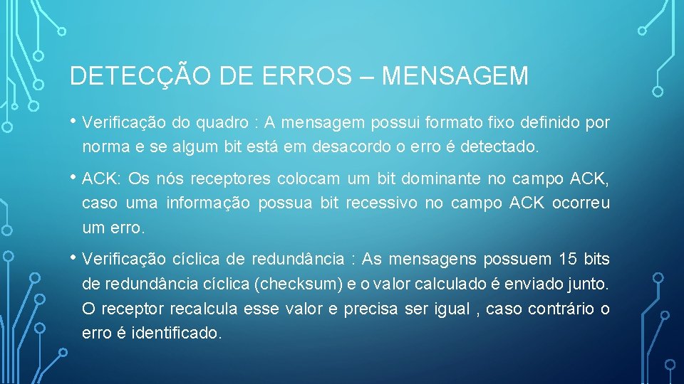 DETECÇÃO DE ERROS – MENSAGEM • Verificação do quadro : A mensagem possui formato