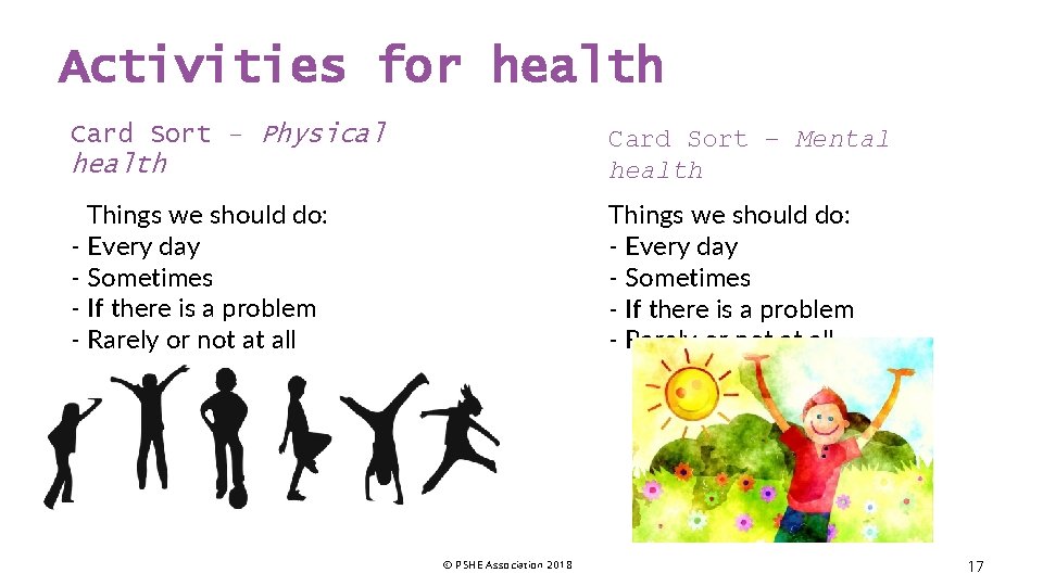 Activities for health Card Sort – Physical health Card Sort – Mental health Things