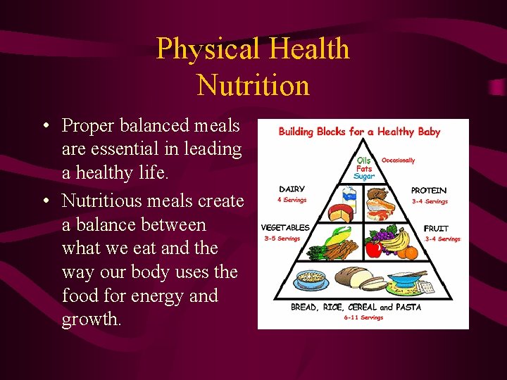 Physical Health Nutrition • Proper balanced meals are essential in leading a healthy life.