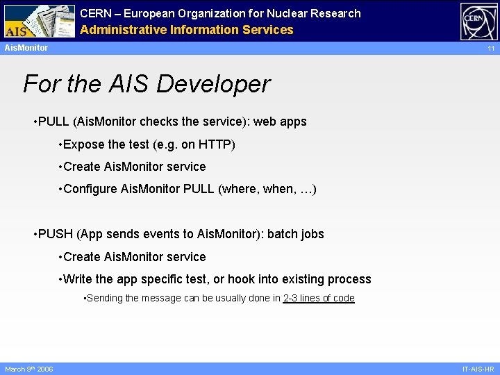 CERN – European Organization for Nuclear Research Administrative Information Services Ais. Monitor 11 For